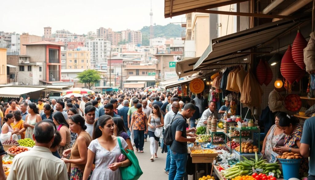 A bustling open-air market with vendors offering an array of goods. The foreground showcases an energetic crowd of shoppers browsing stalls filled with fresh produce, handmade crafts, and local delicacies. The middle ground reveals a diverse mix of small business owners engaging with customers, negotiating prices, and displaying their wares. In the background, a vibrant cityscape provides a dynamic urban setting, with a mix of traditional and modern architecture. The lighting is warm and natural, casting a soft glow over the scene, capturing the lively atmosphere of a thriving neighborhood marketplace. The overall composition conveys a sense of hustle, community, and the pulse of a local economy.