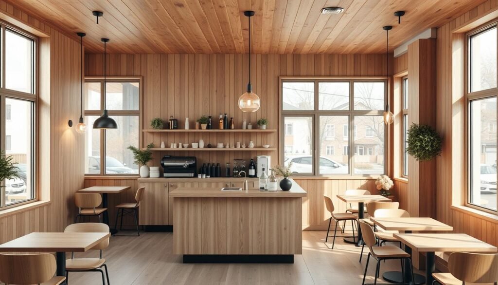 A cozy 3x3 meter coffee shop layout, featuring a minimalist, Scandinavian-inspired design. The front counter is positioned centrally, allowing for an efficient customer flow, with a sleek, wooden bar top inviting patrons to linger. Strategically placed tables and chairs create an intimate, conversational atmosphere, while large windows flood the space with warm, natural light. Subtle pendant lighting adds a soft, ambient glow, complementing the earthy tones of the wood and neutral color palette. Overall, the layout prioritizes functionality and a relaxed, welcoming ambiance, perfect for a neighborhood gathering spot.