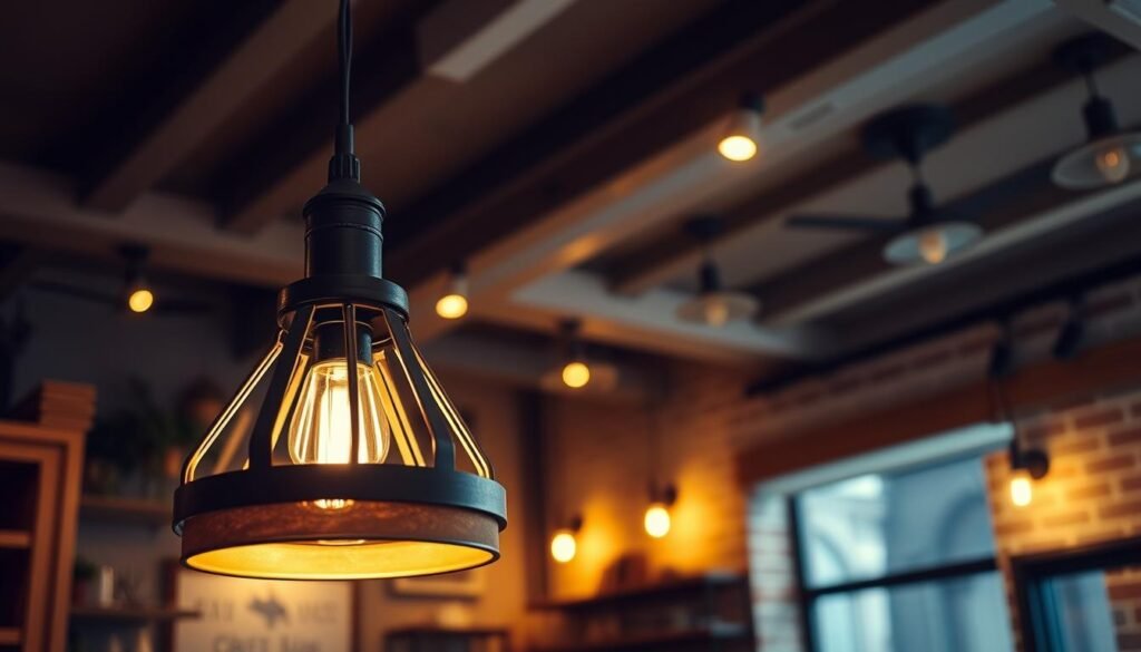 A cozy and inviting coffee shop interior bathed in a warm, layered lighting scheme. In the foreground, a striking hanging lamp with an artisanal, rustic design casts a soft, ambient glow. In the middle ground, additional lighting fixtures mounted on the walls and ceiling create a harmonious balance, illuminating the wooden accents and natural materials. The background features exposed brick walls and a sense of depth, contributing to an atmosphere that feels both intimate and spacious. Overall, the lighting creates a welcoming, photogenic ambiance that would be perfect for a small, charming coffee shop.