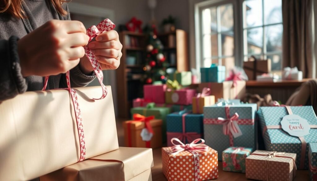 A cozy, well-lit gift-wrapping station with an array of beautifully packaged boxes, ribbons, and bows. The foreground features a person carefully tying a ribbon around a present, their hands meticulously arranging the delicate details. In the middle ground, a selection of colorful, customizable gift boxes are displayed, each with a unique design or personalized message. The background showcases a warm, inviting space, perhaps a home office or a dedicated gift-wrapping area, with natural lighting filtering through large windows. The overall atmosphere conveys a sense of care, attention to detail, and the joy of thoughtfully curating a personalized gift experience.