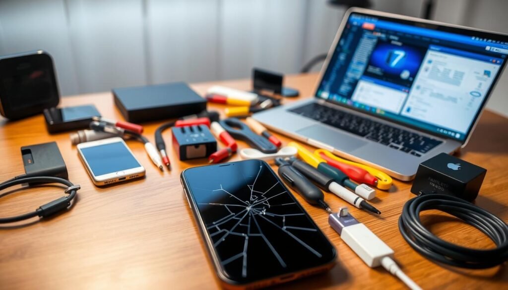 A detailed flat lay of various iPhone jailbreak tools and equipment, featuring sleek devices, specialized software interfaces, and essential accessories like cables and connectors. The foreground showcases a modern iPhone with a cracked screen, symbolizing the concept of jailbreaking. In the middle, an organized array of colorful tools, such as a USB hub, flashing tools, and a laptop displaying a sophisticated software interface, are arranged artistically. The background fades to a contemporary workspace setting, with a subtle bokeh effect and soft, warm lighting, creating an inviting atmosphere. The scene conveys professionalism and tech-savviness, perfect for illustrating the steps to start a jailbreak and unlock service business focused on iOS 17.