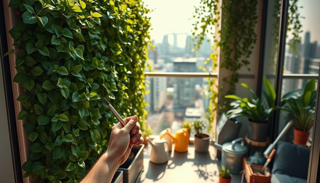 A meticulously maintained vertical garden, its lush foliage cascading gracefully down a sleek, modern apartment balcony. Warm, natural lighting filters through the verdant leaves, casting gentle shadows that dance across the carefully pruned plants. In the foreground, a pair of nimble hands, wielding precise gardening tools, tenderly tend to the thriving greenery, ensuring its optimal health and longevity. The middle ground showcases a well-organized array of watering cans, soil amendments, and other maintenance essentials, all neatly arranged for easy access. In the background, the serene cityscape frames the verdant oasis, a harmonious blend of urban living and nature's restorative power. This image conveys the dedication, care, and attention required to maintain a thriving "green wall mini" in a compact apartment setting. A meticulously maintained vertical garden, its lush foliage cascading gracefully down a sleek, modern apartment balcony. Warm, natural lighting filters through the verdant leaves, casting gentle shadows that dance across the carefully pruned plants. In the foreground, a pair of nimble hands, wielding precise gardening tools, tenderly tend to the thriving greenery, ensuring its optimal health and longevity. The middle ground showcases a well-organized array of watering cans, soil amendments, and other maintenance essentials, all neatly arranged for easy access. In the background, the serene cityscape frames the verdant oasis, a harmonious blend of urban living and nature's restorative power. This image conveys the dedication, care, and attention required to maintain a thriving "green wall mini" in a compact apartment setting.