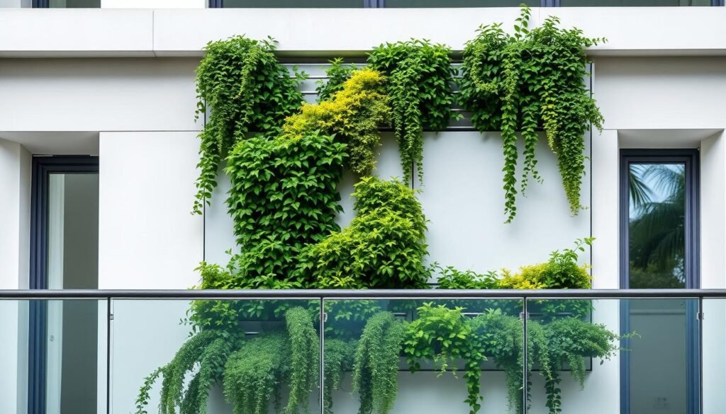 A minimalist green wall panel system with lush, cascading foliage. The panels are mounted on a sleek, modern balcony structure, allowing for a seamless integration of nature and architecture. Soft, diffused lighting illuminates the verdant plants, creating an inviting and serene atmosphere. The composition emphasizes the interplay of geometric shapes and organic forms, highlighting the harmony between the constructed and the natural elements. The overall aesthetic is clean, elegant, and tailored to the needs of an urban apartment balcony. A minimalist green wall panel system with lush, cascading foliage. The panels are mounted on a sleek, modern balcony structure, allowing for a seamless integration of nature and architecture. Soft, diffused lighting illuminates the verdant plants, creating an inviting and serene atmosphere. The composition emphasizes the interplay of geometric shapes and organic forms, highlighting the harmony between the constructed and the natural elements. The overall aesthetic is clean, elegant, and tailored to the needs of an urban apartment balcony.