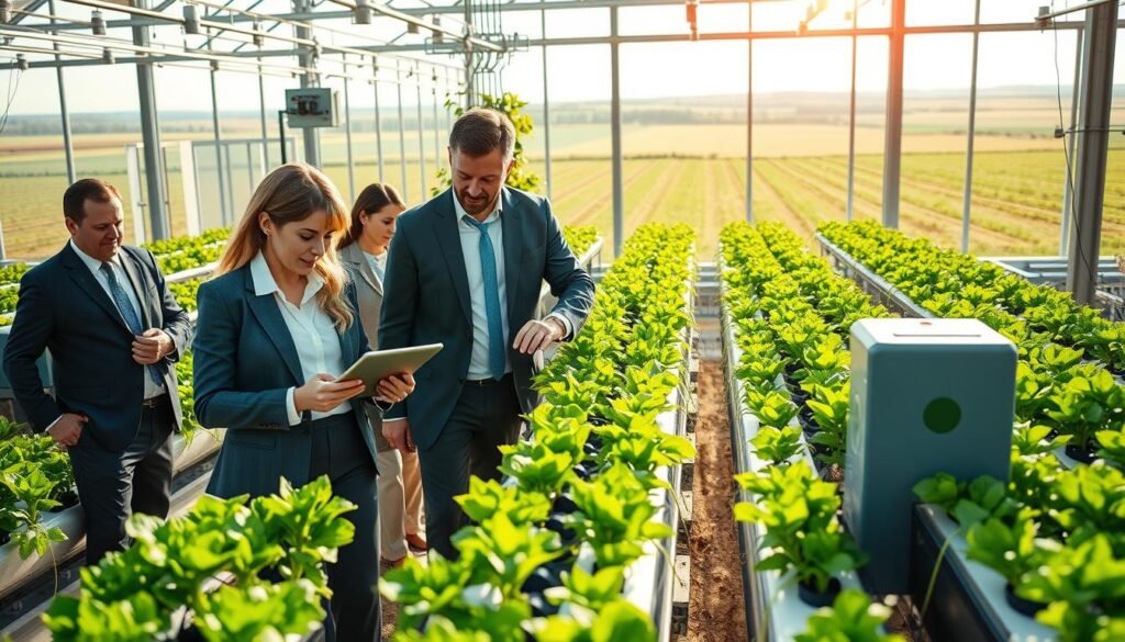 A modern agricultural technology scene showcasing a diverse team of professionals, including men and women in professional business attire, collaborating in a high-tech greenhouse filled with advanced sensors and hydroponic systems. In the foreground, a female engineer examines digital data on a tablet, while a male agronomist adjusts a hydroponic setup. The middle ground features lush green plants growing in well-lit, organized rows, illuminated by natural sunlight streaming through large glass panels. In the background, a landscape of distant fields and farms can be seen, emphasizing the connection between technology and traditional agriculture. The atmosphere is optimistic and innovative, filled with a sense of progress and sustainability. The lighting is bright and natural, enhancing the vivid colors of the plants and technology.