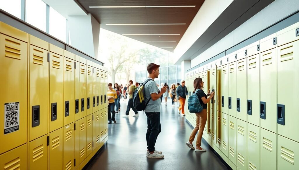 A modern campus locker rental service with a sleek QR-based access system. In the foreground, a row of organized lockers in a bright, minimalist design, each adorned with a prominent QR code. The middle ground features a student casually accessing their locker by scanning a QR code on their smartphone, their backpack and belongings neatly stored away. The background depicts the bustling campus environment, with students and faculty going about their day. Soft, diffused lighting creates a welcoming atmosphere, while the clean, angular architecture reinforces the efficient, tech-savvy nature of the locker service. An ideal visual representation of a practical, modern storage solution for the contemporary university campus. A modern campus locker rental service with a sleek QR-based access system. In the foreground, a row of organized lockers in a bright, minimalist design, each adorned with a prominent QR code. The middle ground features a student casually accessing their locker by scanning a QR code on their smartphone, their backpack and belongings neatly stored away. The background depicts the bustling campus environment, with students and faculty going about their day. Soft, diffused lighting creates a welcoming atmosphere, while the clean, angular architecture reinforces the efficient, tech-savvy nature of the locker service. An ideal visual representation of a practical, modern storage solution for the contemporary university campus.