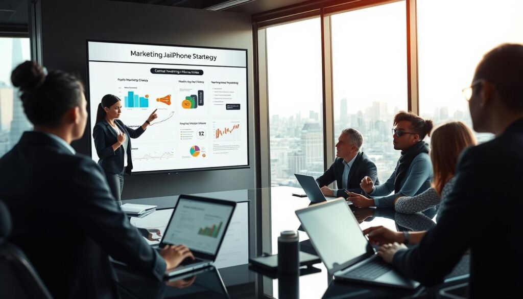 A modern marketing strategy session focused on iPhone jailbreak services, featuring a diverse group of professionals in a sleek conference room. In the foreground, a businesswoman in professional attire is presenting a digital marketing plan on a large screen, showcasing creative graphics and analytics. In the middle ground, attentive team members are engaged, taking notes and discussing ideas with laptops open, reflecting a collaborative atmosphere. The background displays a large window with a panoramic view of a city skyline, letting in warm, natural light that adds a motivational feel. Utilize a soft focus to emphasize the group dynamics while capturing details of modern technology. The mood is energetic and innovative, embodying a professional business environment.