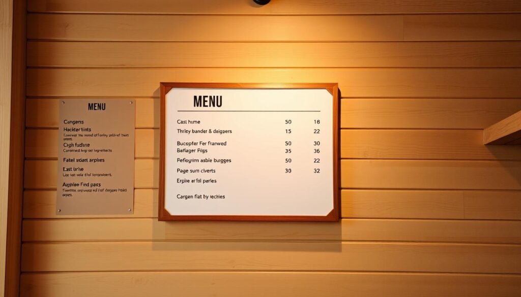 A simple, minimalist menu board displayed on a plain wooden wall, with a clean and modern design. The menu items are limited to 5, showcased in a bold, legible font. The lighting is soft and warm, creating a cozy, inviting atmosphere. The menu is the focal point, with the background kept simple and uncluttered to allow the items to stand out. The overall composition is balanced, with attention to negative space and a harmonious color palette that complements the rustic setting.
