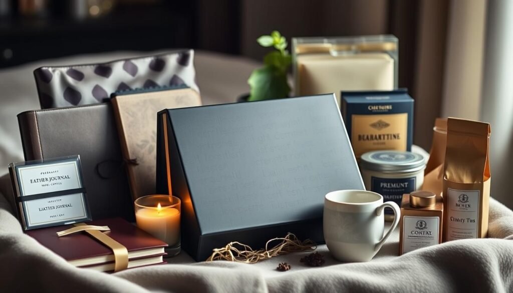 A sleek, modern gift box sits prominently in the frame, its elegant matte black exterior accented by gold foil details. The box is surrounded by a meticulously curated arrangement of thoughtfully selected items - a high-quality leather journal, a set of artisanal scented candles, a handcrafted ceramic mug, and a selection of premium teas. The lighting is soft and warm, creating a cozy, intimate atmosphere that invites the viewer to imagine the delight of receiving this personalized, premium gift. The composition emphasizes the perceived value and care that has been poured into this custom-tailored offering, conveying a sense of exclusivity and indulgence.