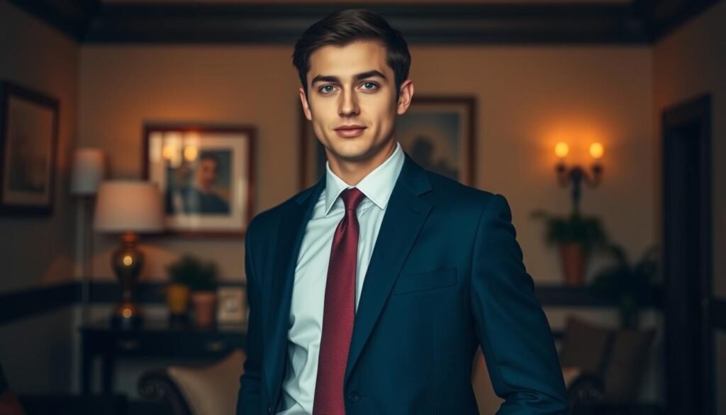 A well-dressed young professional standing confidently in a tastefully decorated room, dressed in a crisp, tailored navy blue suit, crisp white shirt, and a subtle burgundy tie. Warm, indirect lighting creates a sense of poise and sophistication. The framing captures the individual from the waist up, with a clean, minimalist background that focuses attention on the subject's polished appearance. The overall mood conveys a sense of readiness, success, and a fresh start, reflecting the article's theme of affordable, professional attire for new graduates entering the workforce.