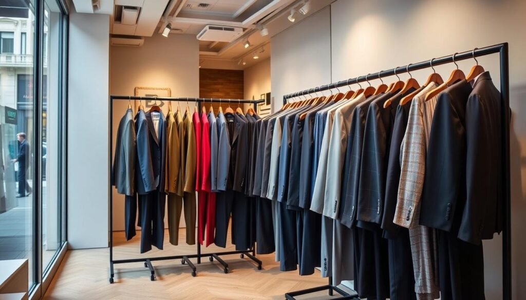 A well-lit, mid-angle view of a formal outfit rental display, showcasing a variety of stylish yet affordable formal attire. The foreground features a neatly arranged rack of suits, shirts, and trousers in a range of classic colors and patterns, with a focus on modern, slim-fit silhouettes. The middle ground depicts a clean, minimalist retail space with subtle branding and decor, conveying a sense of professionalism and accessibility. The background subtly hints at the location, perhaps a bustling city street or an upscale urban neighborhood, to reinforce the idea of a convenient, local formal wear rental service catering to young professionals on a budget.
