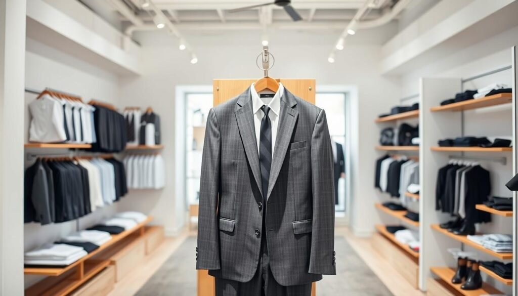 A well-lit, modern rental shop showcasing a range of formal wear. In the foreground, a sophisticated charcoal grey suit hangs on a wooden display, its tailored lines and crisp creases inviting the viewer to imagine themselves wearing it. The mid-ground features a variety of dress shirts, ties, and accessories neatly arranged, conveying a sense of curated style. The background offers a glimpse of the sleek, minimalist interior, with clean lines and neutral tones creating an upscale, professional ambiance. The overall scene exudes a fresh, youthful energy, catering to the needs of the modern, budget-conscious graduate seeking to make a polished impression.