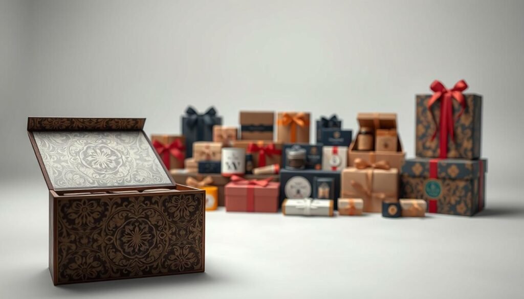 A well-lit studio shot showcasing an assortment of carefully curated gift boxes, each with a unique cultural motif. In the foreground, an ornate box features intricate floral patterns, hinting at the artisanal craftsmanship within. The middle ground displays a range of gift boxes in various shapes and sizes, showcasing the diversity of the personalized offerings. In the background, a softly blurred scene depicts a serene, minimalist setting, allowing the products to take center stage. The overall mood is one of refined elegance and attention to detail, conveying the care and consideration that goes into curating these unique gifts.