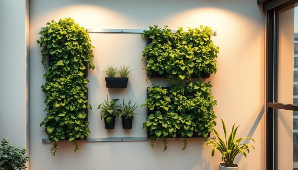 A well-organized installation wall featuring a secure and tidy vertical garden setup. Showcase a minimalist, modern aesthetic with clean lines and sleek materials like brushed metal, tempered glass, and powder-coated steel. Capture the wall from a front-on perspective, highlighting the efficient and space-saving layout. Ensure the greenery appears lush and vibrant, complementing the refined industrial design. Bathe the scene in warm, directional lighting that casts dramatic shadows and accentuates the textural details. Convey a sense of harmony and practicality, suitable for an urban balcony or compact indoor space.