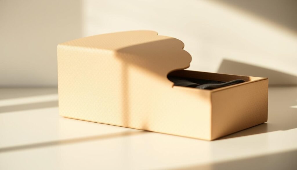 Elegant eco-friendly packaging with a premium aesthetic. A sleek gift box made of sustainable materials like recyclable cardboard and plant-based cushioning. Minimal modern design with a subtle embossed pattern evokes a sense of luxury and care for the environment. Soft, natural lighting highlights the textured surfaces and creates warm, inviting shadows. The box is angled to showcase its premium presentation, with a slight reflection on a smooth, reflective surface. An aura of sophistication and environmental consciousness pervades the scene.