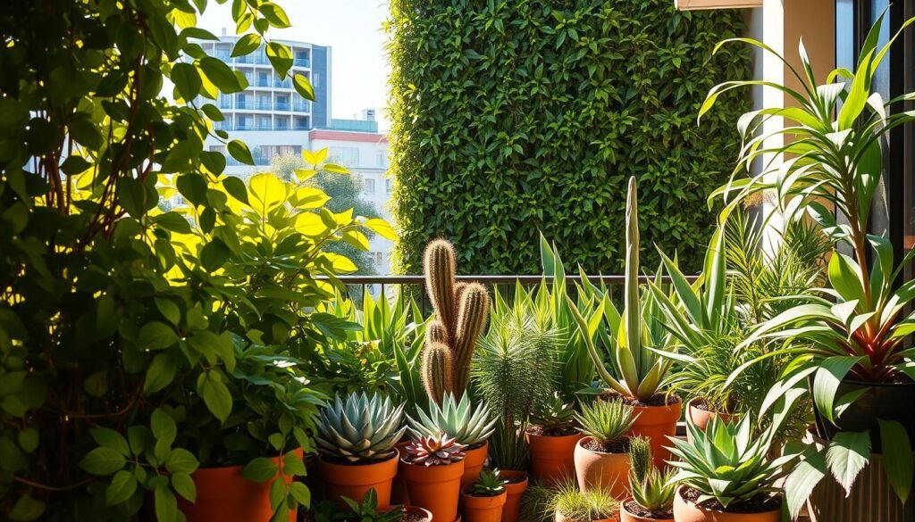 Lush, vibrant plants adorning a balcony setting, basking in warm, natural lighting. An array of leafy, trailing vines, potted succulents, and tall, architectural foliage create a verdant, layered composition. The foreground features a mix of low-maintenance, shade-tolerant plants like Chinese evergreen and philodendron, while the middle ground showcases sun-loving specimens like echeveria and jade plant. In the background, a towering, vertical green wall adds depth and a sense of thriving, urban greenery. The overall scene exudes a calming, serene atmosphere, perfect for an intimate, indoor-outdoor living space.