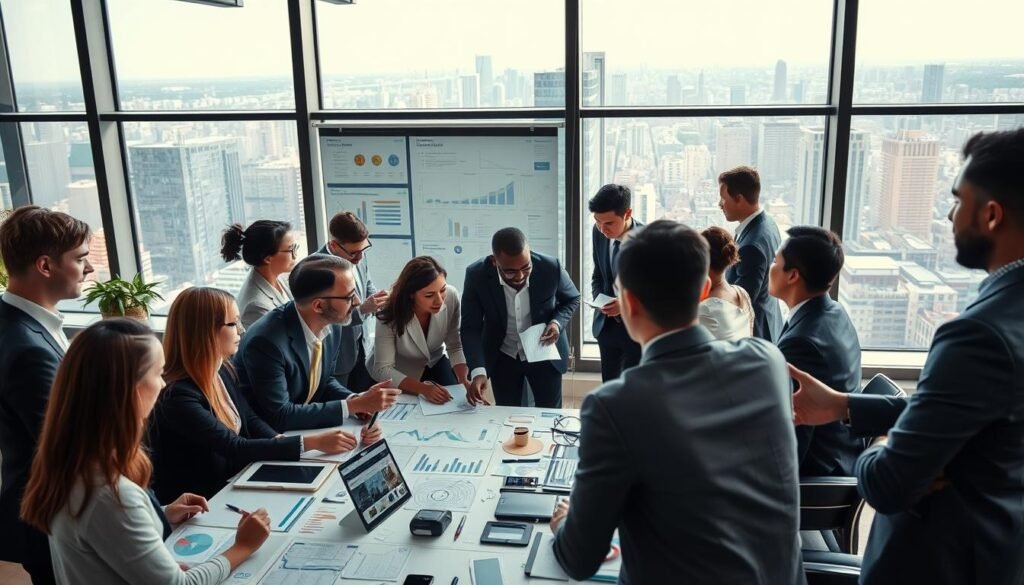 A bustling office environment illustrating the operational strategy for opening a new branch. In the foreground, diverse professionals in smart business attire are engaged in a dynamic brainstorming session around a large table covered in charts, graphs, and digital devices. The middle ground features a glass wall displaying various business plans, while a creative team collaborates on a presentation. In the background, large windows reveal a vibrant cityscape, symbolizing growth and opportunity. Soft, natural lighting floods the space, creating an encouraging and productive atmosphere. The angle is slightly elevated, providing a comprehensive view of the collaboration. The image captures the essence of teamwork and innovative thinking in a modern business setting.