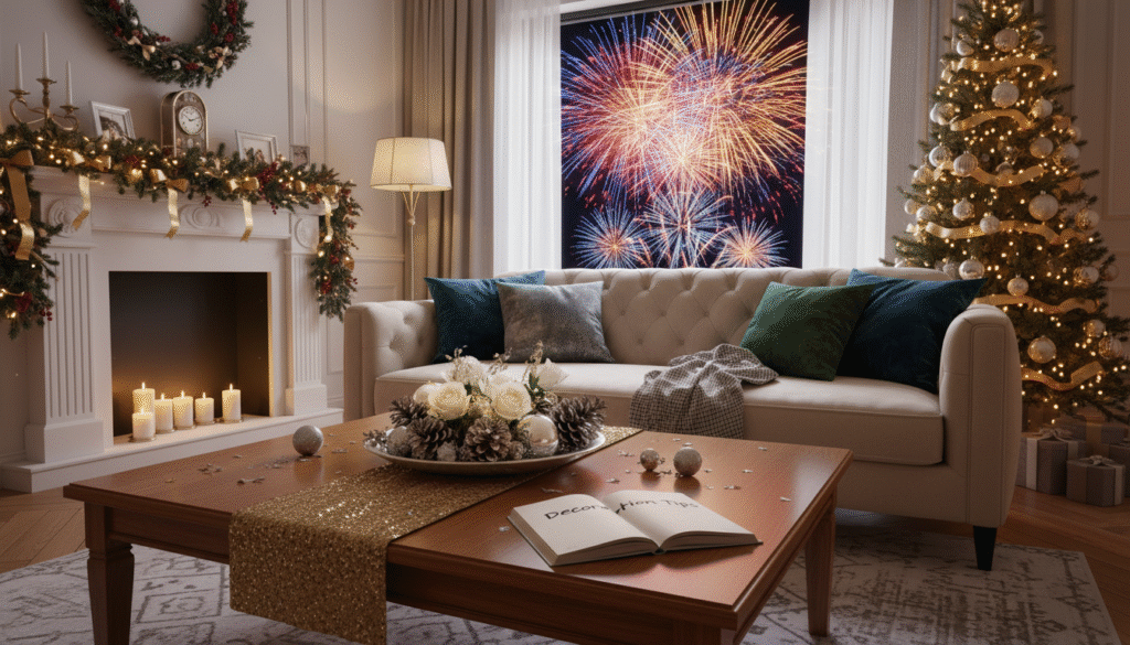 A cozy, modern living room decorated for New Year celebrations, showcasing various decorative elements that families might consider when selecting decoration services. In the foreground, a stylish coffee table adorned with festive ornaments, a beautiful centerpiece, and a planner open to a page titled "Decoration Tips." The middle of the scene features a comfortable sofa with elegant cushions, a festive garland draped across the mantel, and a backdrop of warm, twinkling fairy lights. The background shows a window with a view of fireworks illuminating the night sky. The lighting is soft and inviting, creating a cheerful and festive atmosphere. The image should evoke feelings of warmth, joy, and inspiration for young families preparing for New Year decorations, with no people present in the image.