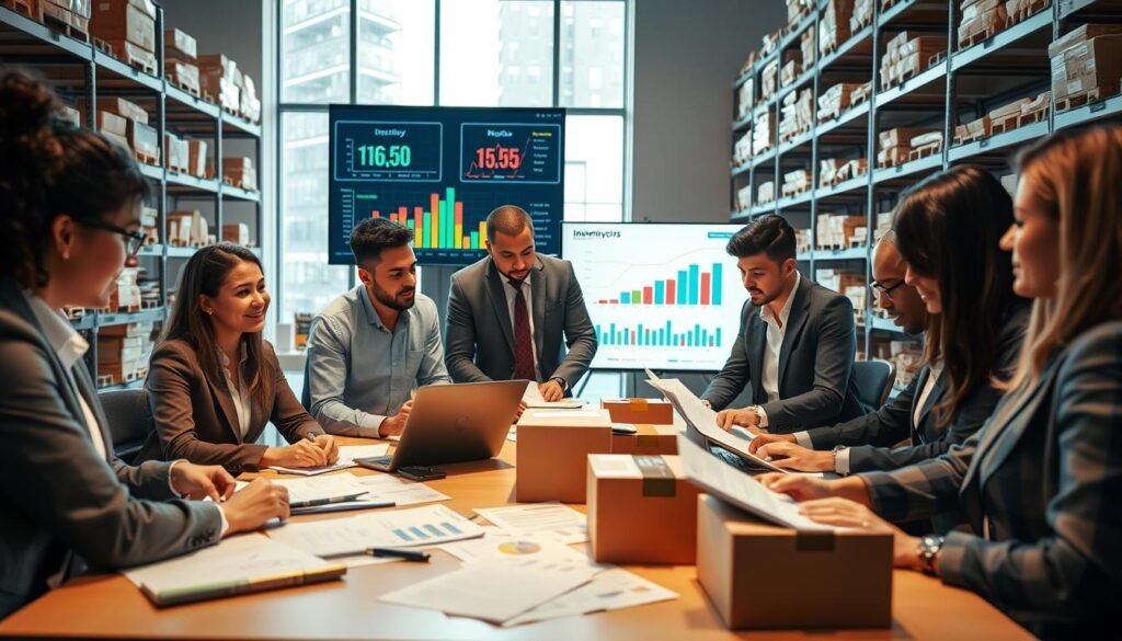 A modern office environment showcasing effective inventory management. In the foreground, a diverse group of business professionals in smart attire are gathered around a table, analyzing data on laptops and notepads. There are spreadsheets, charts, and inventory boxes scattered about, highlighting the focus on operational costs. In the middle, a digital screen displays inventory metrics with vibrant graphs and figures. The background features shelves stocked with organized inventory and a large window letting in natural light, creating a motivating atmosphere. The scene conveys a sense of teamwork, concentration, and strategic planning, emphasizing the importance of inventory management in business success. Soft, warm lighting adds to the professional mood.