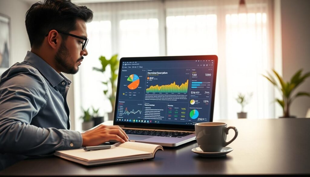 A modern workspace featuring a professional individual in smart casual attire, focused on a laptop screen displaying an optimized product description. The foreground shows a sleek desk with a notepad, pen, and a cup of coffee, symbolizing productivity. In the middle, the laptop screen glows with vibrant graphs and analytics, illustrating conversion rates and keywords being utilized for product description optimization. The background is filled with soft natural light filtering through a large window, showcasing a contemporary office environment with plants and minimalist decor. The atmosphere is one of creativity and determination, emphasizing the importance of effective product descriptions in driving sales and conversions.