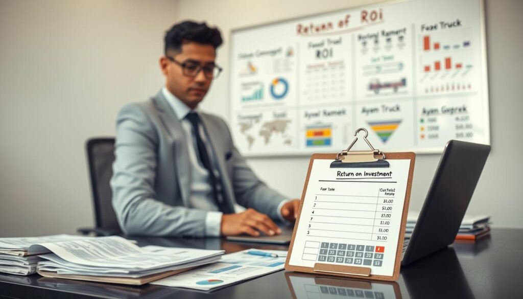 A professional setting depicting a financial analyst in business attire, sitting at a sleek desk cluttered with business documents, a laptop displaying graphs and spreadsheets related to investment calculations, and a clipboard with a &amp;quot;Return on Investment&amp;quot; calculator in focus. In the background, a large whiteboard filled with colorful diagrams and charts illustrating the ROI comparison between two food truck concepts: fusion ramen and ayam geprek. Soft, diffused lighting enhances the scene, suggesting a bright and analytical atmosphere, while a slight angle captures both the analyst's concentration and the detailed visual aids behind them. The overall mood is focused and informative, perfect for explaining the concept of calculating ROI in the culinary business context.