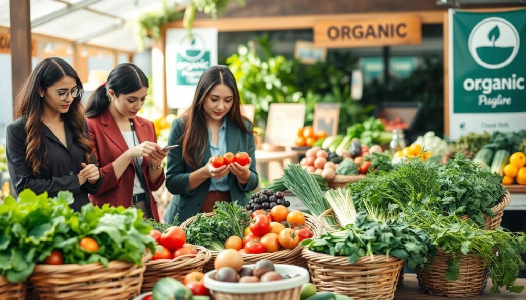 A vibrant, fresh scene showcasing tips for choosing and preparing organic food. In the foreground, a diverse group of three individuals (two women and one man) dressed in professional casual attire are selecting vegetables at a farmer's market. They are examining colorful organic produce, such as leafy greens, ripe tomatoes, and aromatic herbs, with thoughtful expressions. In the middle ground, baskets filled with fresh organic fruits and vegetables, alongside rustic wooden tables, create an inviting atmosphere. The background features a sunny market ambiance with green plants and organic signage. Soft, natural lighting enhances the freshness of the products, while the overall mood is warm and engaging, promoting healthy eating. The composition captures the essence of organic food choices and preparation tips without any text overlays.