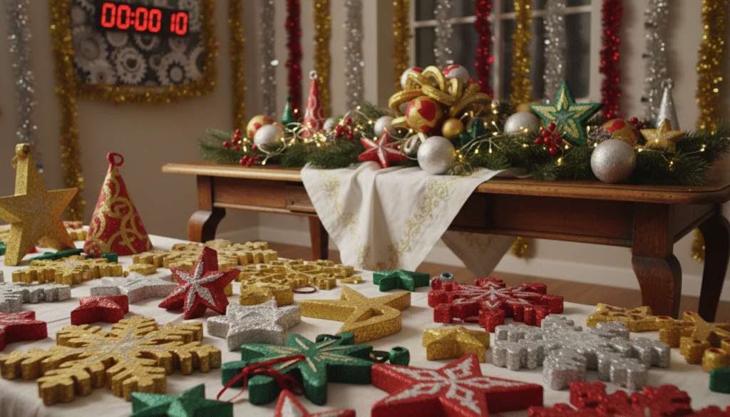A vibrant scene showcasing a New Year’s decoration display featuring various styrofoam materials. In the foreground, intricately designed styrofoam ornaments shaped like snowflakes, stars, and festive symbols, painted in bright colors including gold, silver, and red. The middle layer includes a beautifully arranged table adorned with a mix of these styrofoam elements, complemented by fresh greenery and twinkling fairy lights, creating a warm and inviting atmosphere. The background features a softly lit room, with walls draped in sparkling garlands and a hint of a New Year’s countdown clock. The overall mood is festive and cheerful, evoking the excitement of welcoming the New Year. The lighting is soft and warm, highlighting the textures of the styrofoam decorations.