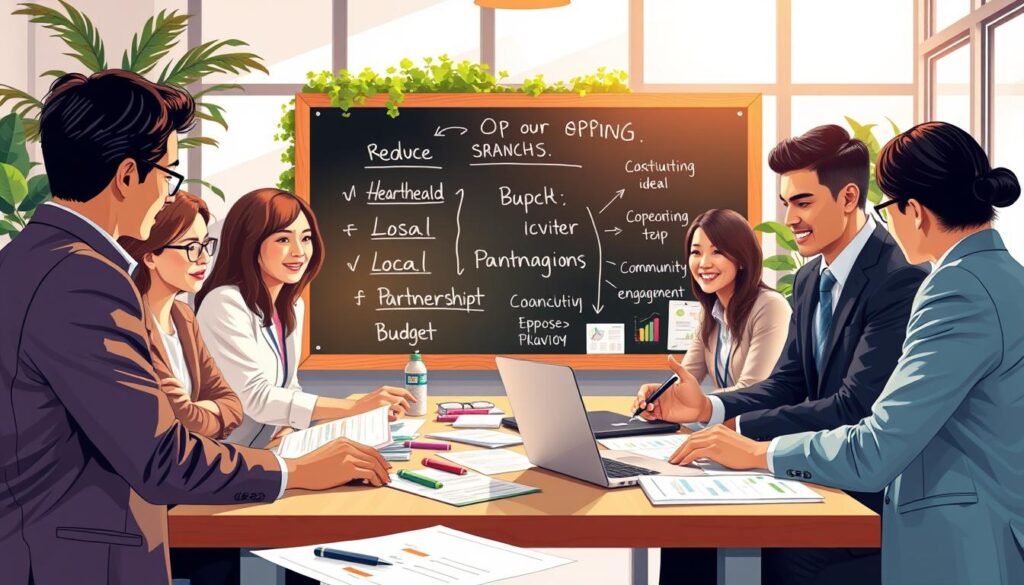 A visually inspiring illustration depicting cost-saving tips for opening and managing a business branch. In the foreground, a diverse group of professionals, dressed in smart business attire, gather around a table filled with documents, budgeting sheets, and a laptop showing financial graphs. In the middle, a chalkboard displays brainstorming ideas like “reduce overhead”, “local partnerships”, and “community engagement”, highlighted by colorful markers. The background features an encouraging office environment with plants and natural light pouring in through large windows, creating a warm atmosphere. The mood is focused and collaborative, suggesting teamwork and innovation. Use soft, diffused lighting to enhance the inviting ambiance, with a slight soft focus on the bulletin board to draw attention to the professionals’ discussions.