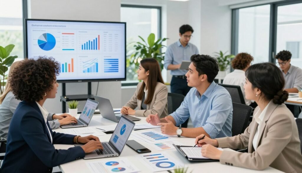 A dynamic workspace scene depicting a diverse team of professionals collaborating on innovative customer retention strategies. In the foreground, a group of three individuals, a Black woman in formal business attire, a Hispanic man in smart casual clothing, and a Middle-Eastern woman in business casual attire, are engaged in a lively discussion around a conference table filled with charts and graphs. In the middle ground, a large screen displays successful analytics and retention campaign visuals, while additional team members collaborate at desks, reviewing data on laptops. The background features bright, modern office decor with plants, large windows letting in natural light, and a vibrant atmosphere of creativity and teamwork. The overall mood conveys professionalism, energy, and a focus on successful customer retention strategies.